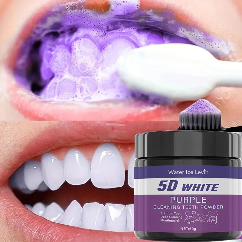 Pó de limpeza de dentes roxo - sem sulfato, limpeza profunda e polimento, clareia os dentes em 5 dias, portátil para uso diário e viagens